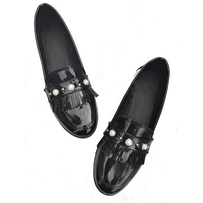 mocasin mujer charol negro con perlas